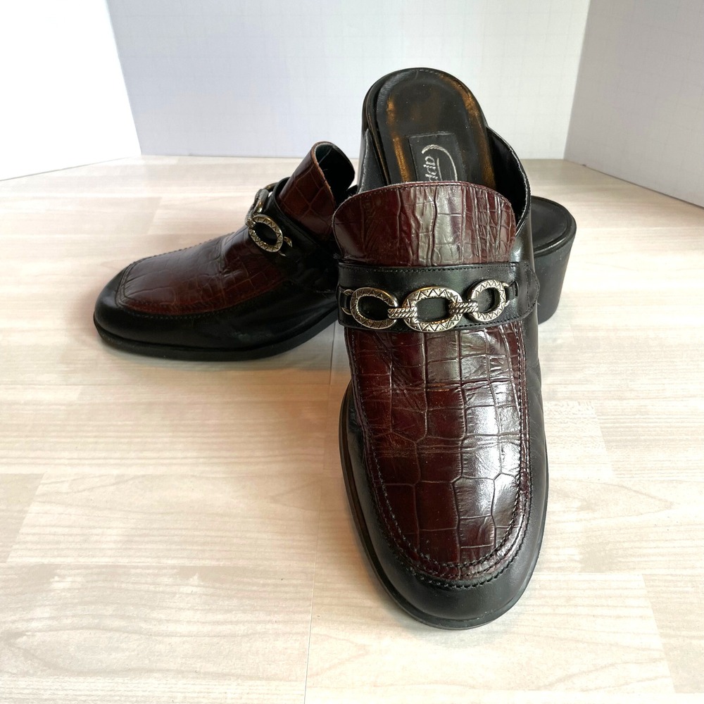 Excellent!!! Vintage Pappagallo Black/Brown Embossed Mule Slip-On‎ Shoes Sz 8N
